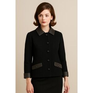 VTG 1960s Butte‎ Knit Black Wool Jacket M Faux Leather Trim Mod Mad Men Style